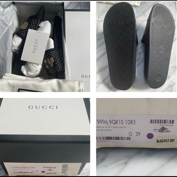 GUCCI “GUCCY” SUPREME CANVAS BLACK WITH SHIMMERING GOLD GLITTER STARS SLIDES - Picture 8 of 16